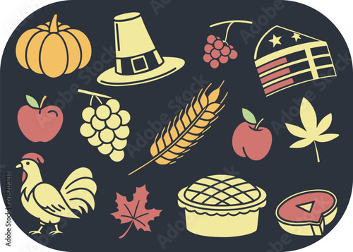 Thanksgiving Harvest Icons Pumpkin Pilgrim Hat Apple Pie And Rooster vector illustration