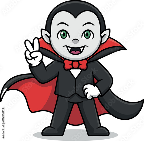 A cartoon vampire dressed in a black suit and red cape is making a peace sign with his hand.