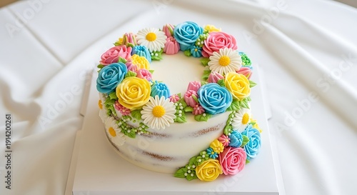 Decorated naked cake with colorful buttercream flowers, a festive dessert.