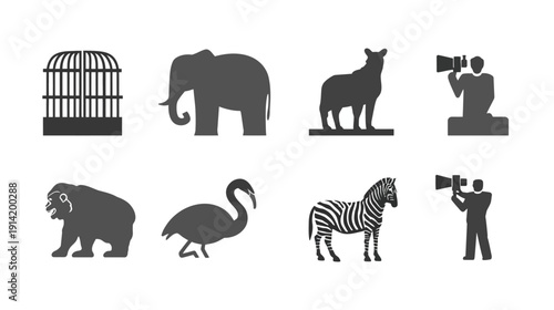 Diverse animal icons and silhouettes collection featuring zoo wildlife, a bird cage, and people communicating with megaphones.
