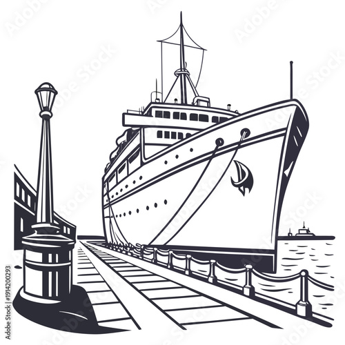 Large cruise ship docked at a pier with a lamppost