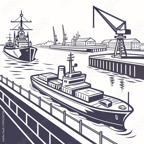 Cargo ship in harbor with crane and buildings dock