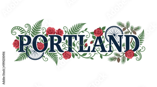 Portland text with roses and bicycle wheels vector illustration