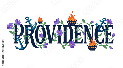 Providence city typography with anchors and flowers vector illustration