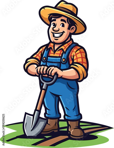 Vector illustration of a worker character wearing a hat and carrying a shovel spade and bucket as a versatile gardener handyman or construction person icon