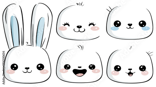 Cute Cartoon White Animal Faces Vector Set with Various Expressions. Kawaii Bunny Character Design, Adorable Fluffy Creatures Illustration.