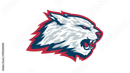 Fierce white wildcat head illustration with bared fangs and red eyes. Aggressive predator mascot graphic design.