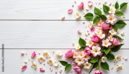 Wallpaper Mural Colorful Frangipani Flowers with Leaves on White Wooden Background for Nature and Floral Themes Torontodigital.ca