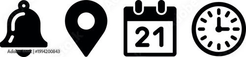 A set of four black and white icons representing time and location on a clean background