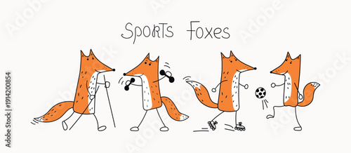 Athletic fox. Training with dumbbells, walking, rollerblading, football. Nordic walking, weightlifting. Sports exercises, competitions. Set of cute animals playing sports.