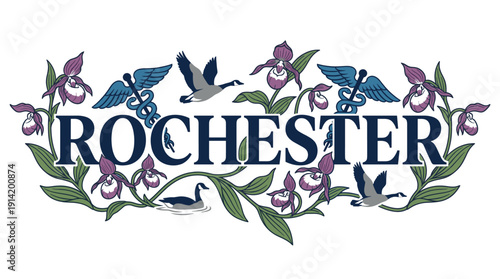 Rochester city typography with medical and nature vector illustration