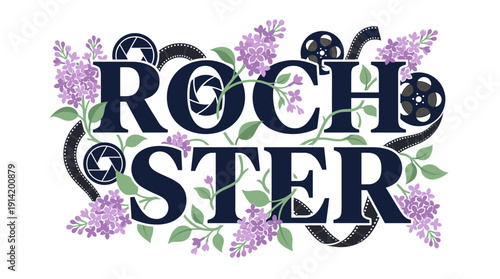 Rochester typography with lilacs and film symbols vector illustration