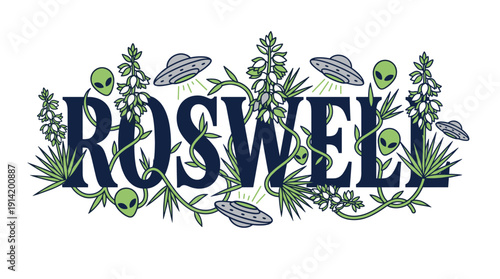Roswell New Mexico tourism graphic with aliens and UFOs vector