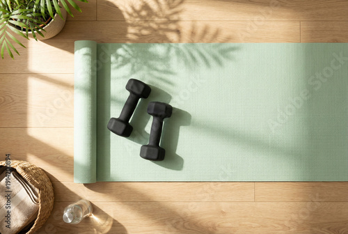 Black dumbbells on a green yoga mat with sunlight and plant shadows. Concept of home fitness and healthy living.