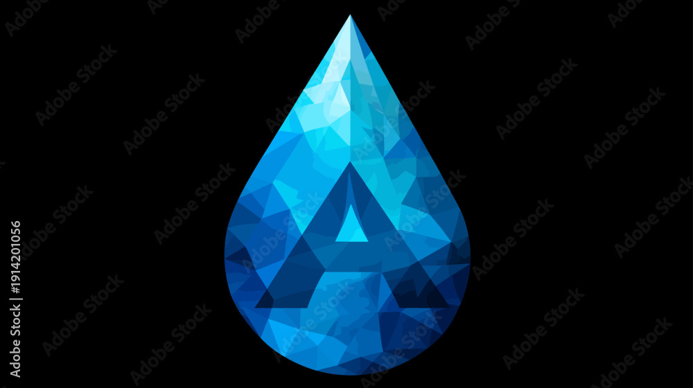Obraz premium Abstract blue polygonal water drop with embedded letter A on black background. Geometric low poly digital graphic design element.