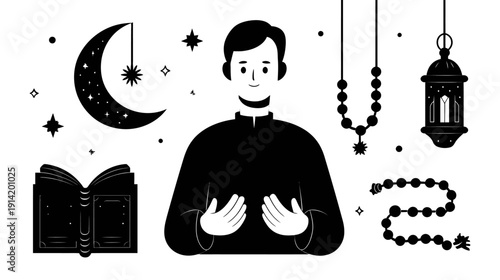 Muslim man praying with traditional Islamic religious symbols set. Crescent moon, prayer beads, holy book, and lantern for Ramadan and Eid.