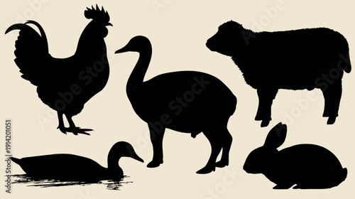 Diverse farm and domestic animal silhouettes: rooster, duck, emu, sheep, and rabbit collection, isolated black shapes