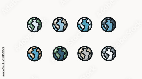Stylized Earth Globe Icons Set. Collection of flat design world map symbols with diverse color palettes representing planet and global connections.