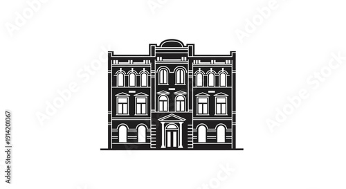 
Detailed Historic Multi Floor Palace Style Building Facade With Central Entrance And Decorative Roof Elements
