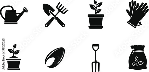 Gardening icon set for designers and gardeners with various essential tools