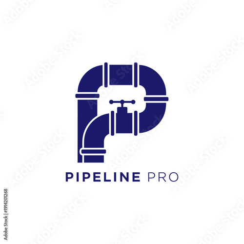 Industrial water pipe forming letter P with valve icon for professional plumbing and drainage service logo named Pipeline Pro