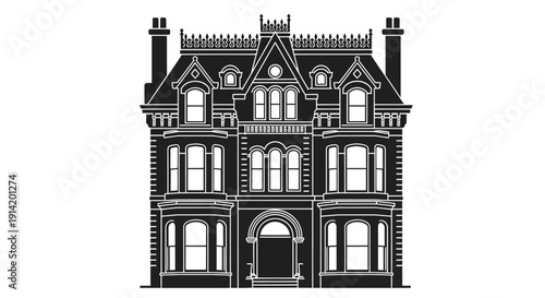 
Ornate Victorian Gothic Revival Multi Story Townhouse Facade With Decorative Windows And Roof Spires Vector Illustration

