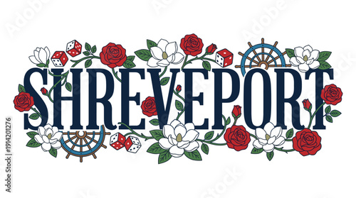 Shreveport city name with roses and dice vector illustration