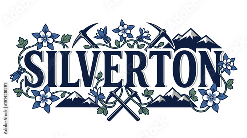 Silverton Colorado souvenir with columbine flowers and pickaxes vector illustration