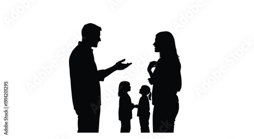 Family silhouette with parents arguing and children between them, black profile silhouettes, domestic conflict illustration featuring argument, divorce, dispute with couple and kids elements for