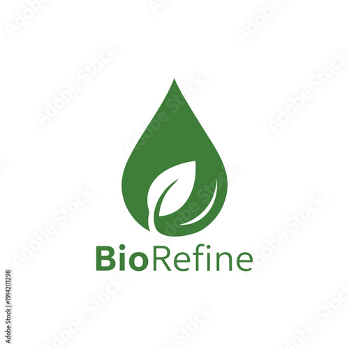 Organic green water drop with a natural leaf inside for sustainable fuel refinery and eco friendly oil industry logo named BioRefine