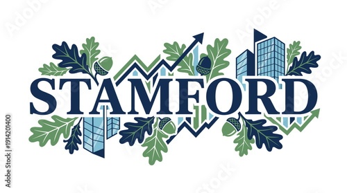Stamford city name with business growth and nature elements vector illustration