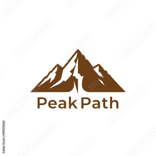 Rugged mountain peak silhouette with a winding trail for outdoor adventure and hiking expedition services logo named Peak Path