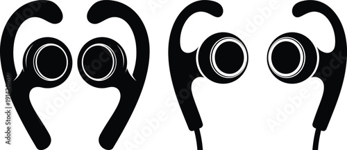 A pair of black wireless earbuds on a white background