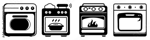 Set of four modern kitchen stoves with ovens isolated on white background for cooking and baking appliances
