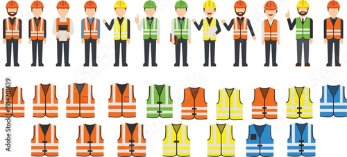 Construction Worker Safety Vector Set Featuring Builders in Helmets, High Visibility Vests, and Protective Clothing for Industrial Work Designs