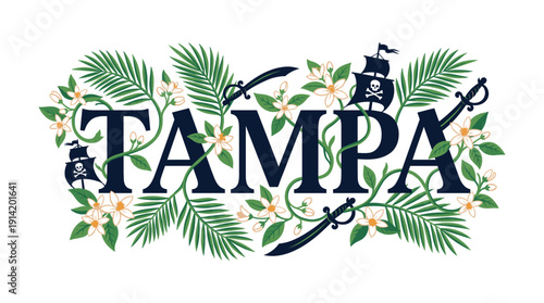 Tampa tropical pirate typography with flowers and palm leaves vector
