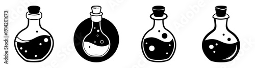 Set of four minimalist black and white alchemy bottles with stoppers isolated on white background vector illustration