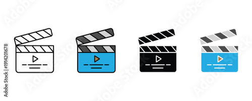 Movie clapperboard icon vector. Film production slate symbol for cinema industry, video editing, and media broadcast set. Vector Illustration.