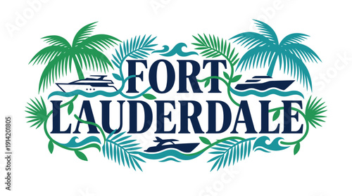 Tropical Fort Lauderdale vacation logo with yachts and palm trees vector