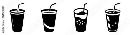 Four empty plastic cups with straws isolated on white background minimalist design mockup set