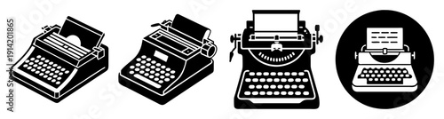 Vintage typewriters collection set isolated on white background retro office equipment minimalist design