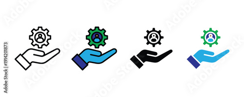 Human resource management icon vector. Gear and person in hand symbol for technical support, employee development, and expert service set. Vector Illustration.