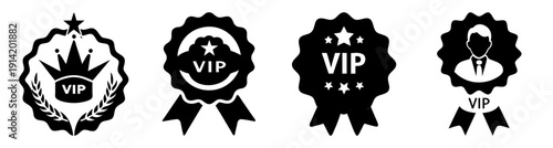 VIP exclusive membership badges and ribbons set with laurel wreath and crown icons for luxury branding and premium access