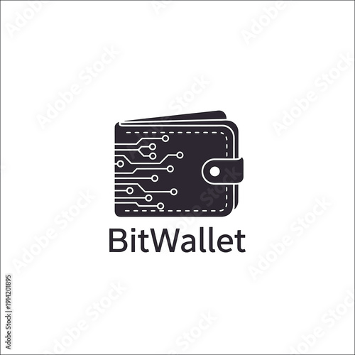 Digital wallet icon with electronic circuit nodes for cryptocurrency storage and secure fintech mobile payment logo named BitWallet