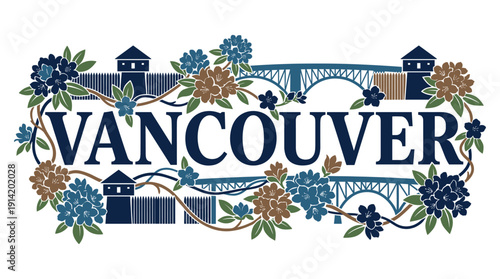 Vancouver city landmarks and floral emblem vector illustration