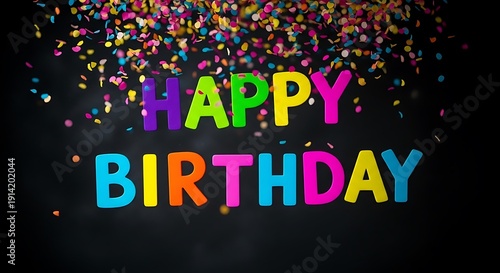 Colorful letters spell happy birthday with confetti falling down. 70