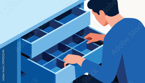 Man looking into a blue desk organizer with multiple compartments