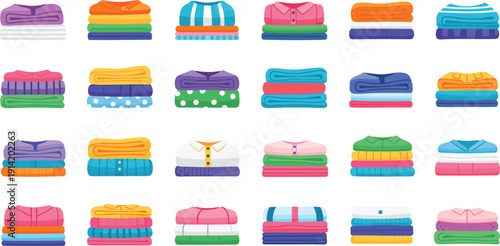 Folded Clothing Vector Set Featuring Neatly Stacked Shirts, Sweaters, Towels, and Colorful Apparel for Laundry, Closet, and Home Organization Designs