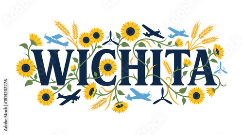 Wichita city typography with sunflowers and airplanes vector illustration