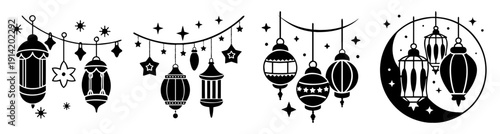 Black and white lanterns hanging decoration vector illustration for festival celebration holiday home decor